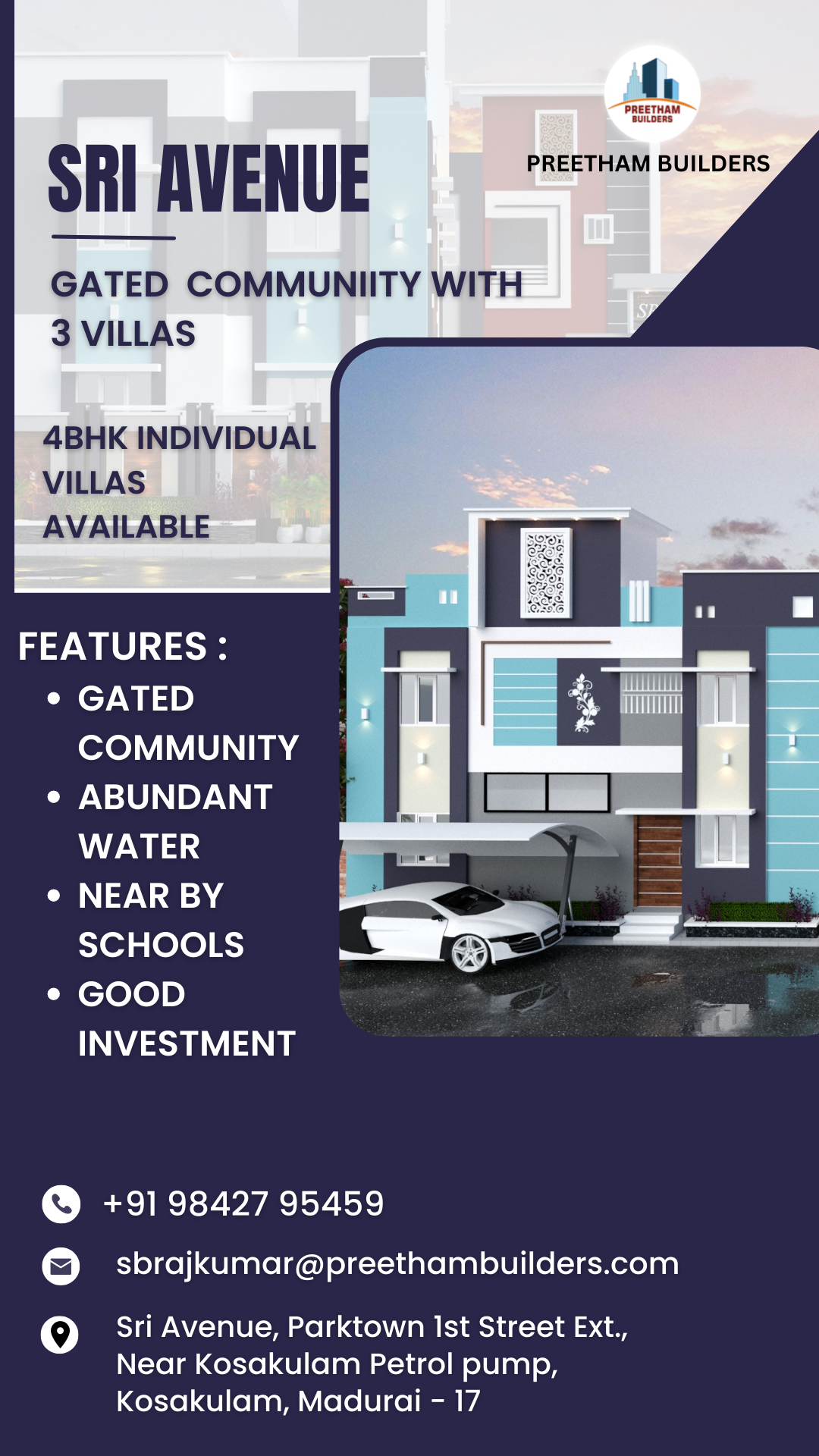 Luxury Individual Villas for Sale @ Sri Avenue, Parktown, Madurai